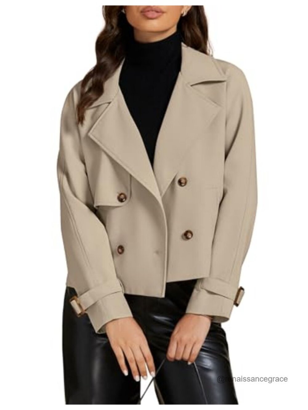 Cropped Trench Coat Double Breasted Loose Fit Pockets Lightweight